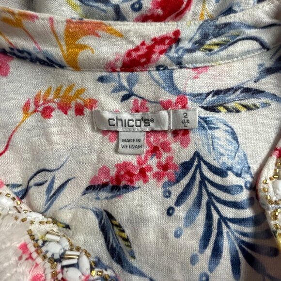 Chico's Womens Linen Nautical Embellished Tunic Top Size 2 US Large White Orange - Picture 3 of 10